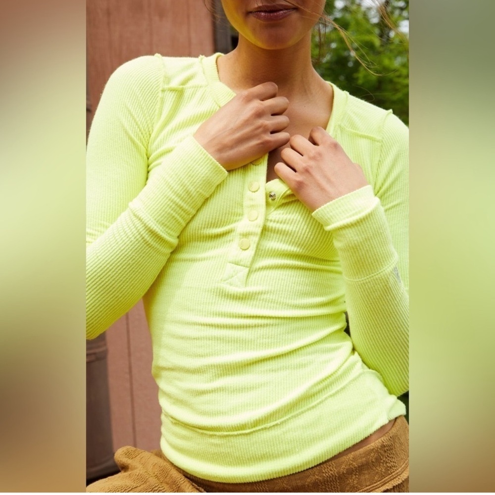 Free People Movement Rally Layering Henley Ribbed Top in Glowstick Long Sleeve